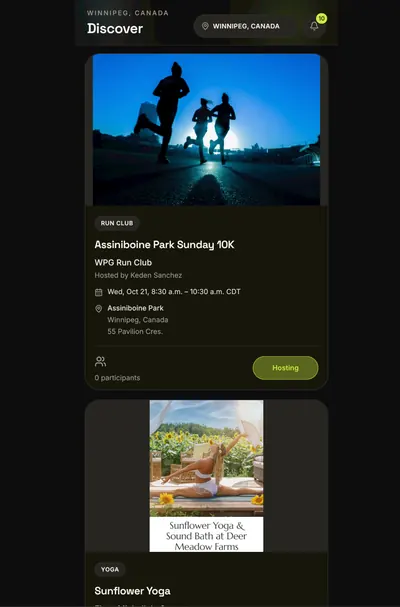 ASTR Discover showing Assiniboine Park 10K Run Club and Sunflower Yoga event cards