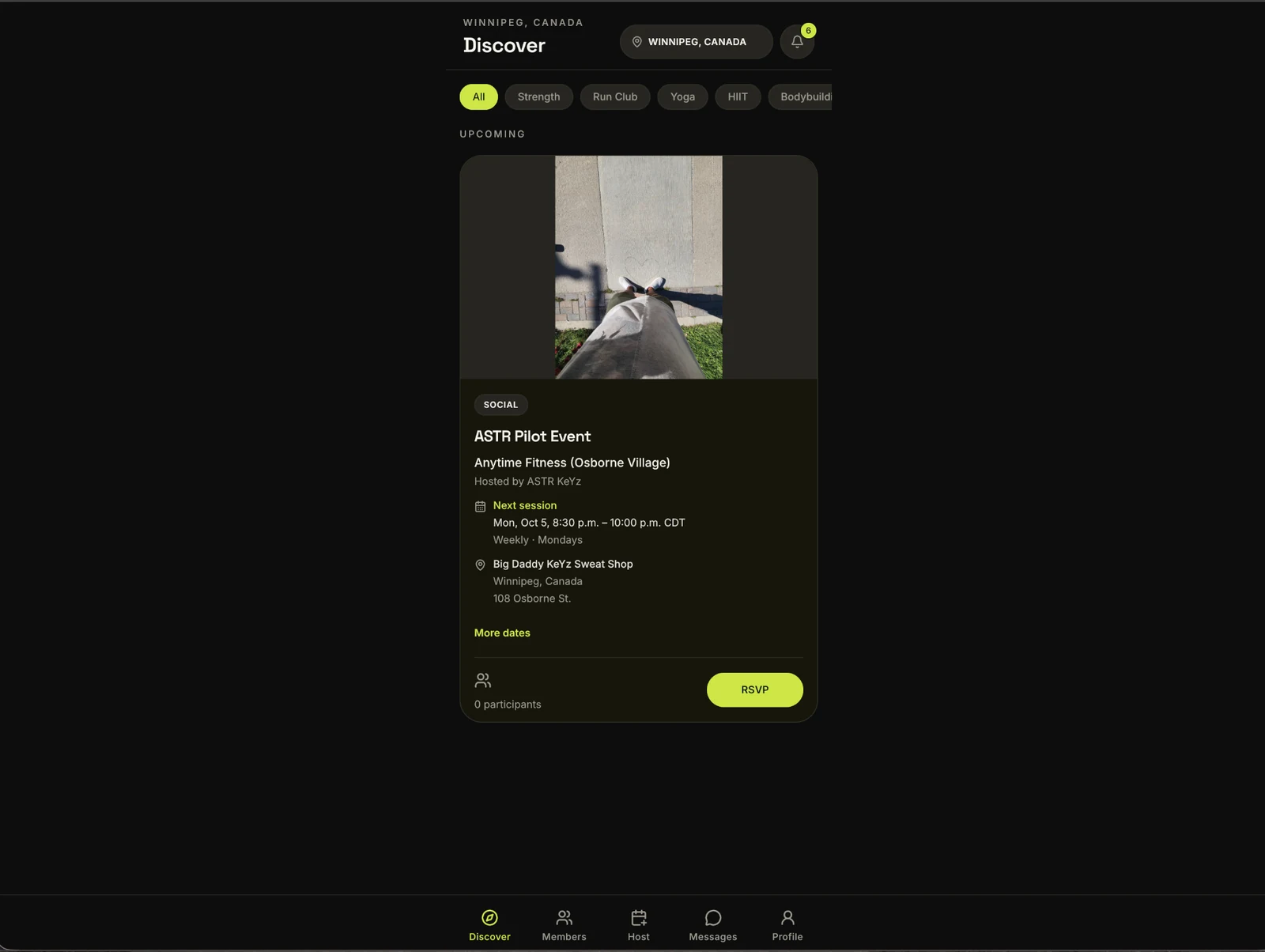 ASTR Discover experience showing a recurring fitness event and RSVP flow