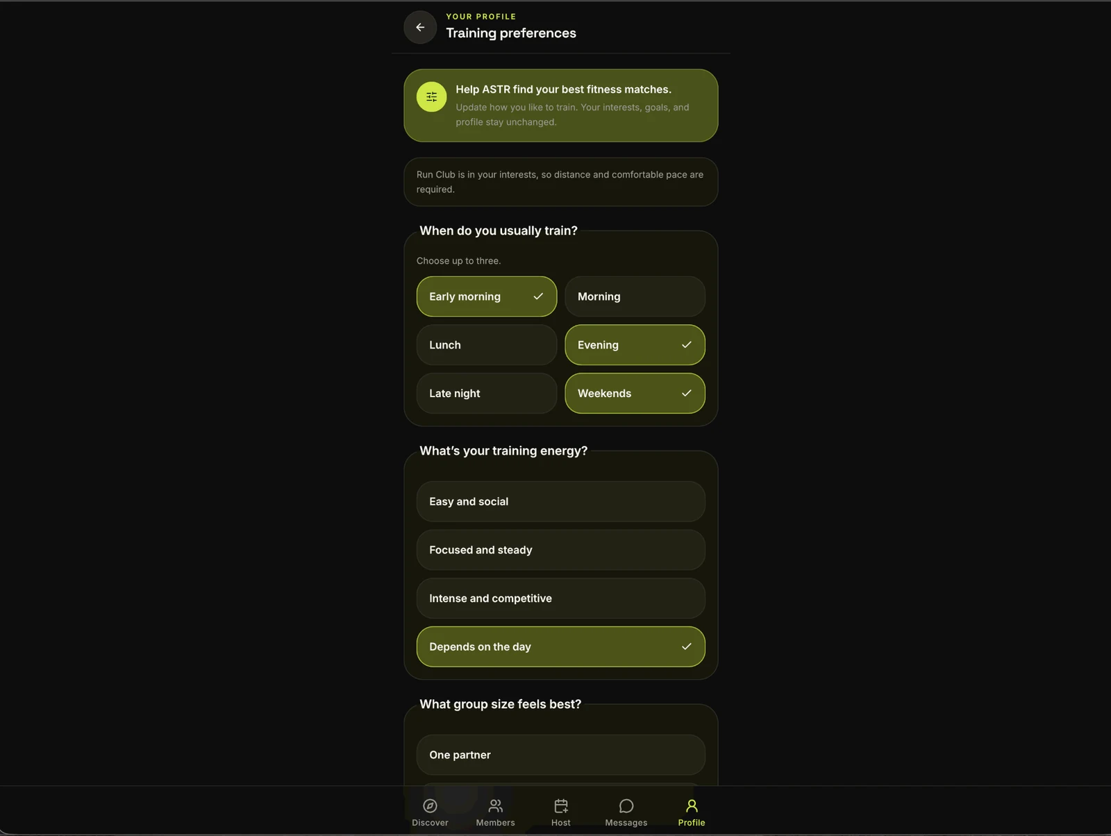 ASTR training preferences used to personalize discovery and member matching